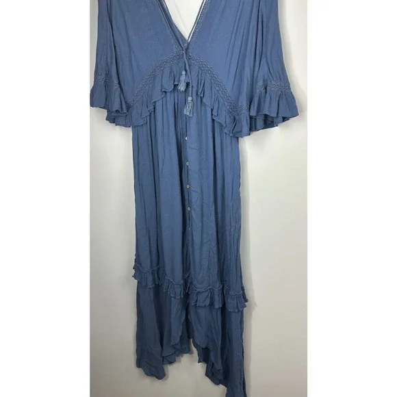 Free People Paradiso HiLo Maxi Dress Ruffle Blue Boho Folklore Oversized Medium - Picture 9 of 16